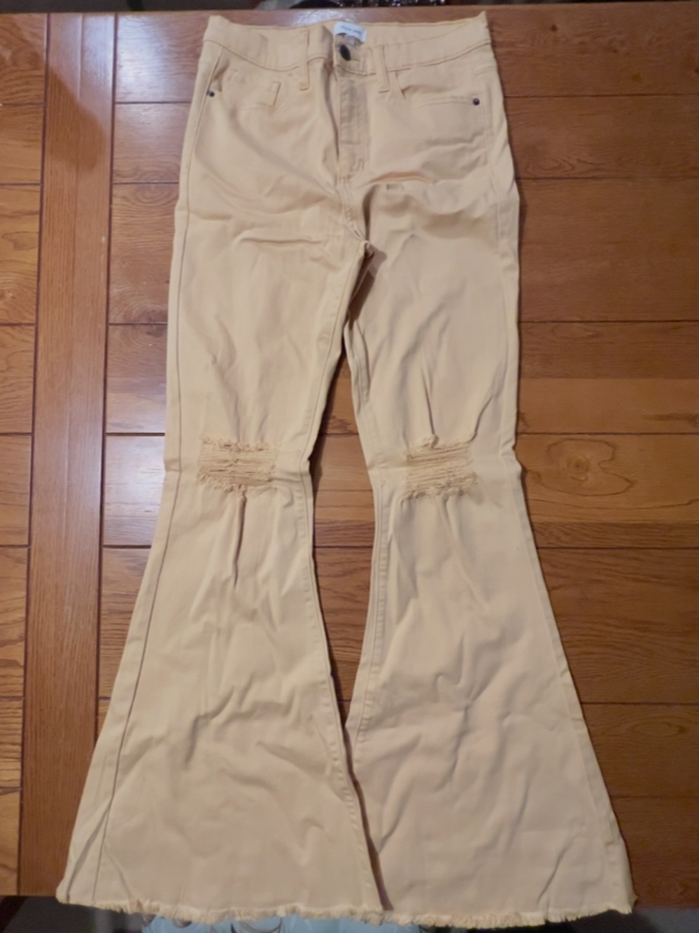 Sneak Peek Cream Flare & Wide Leg Jeans with Distressed Knees